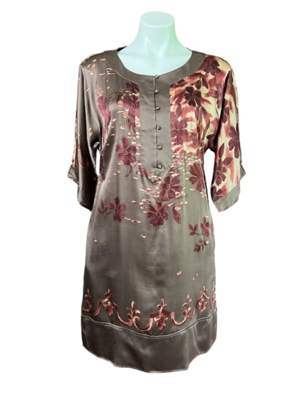 Laundry by Design 100% Silk Dress Size 6 Brown Red Floral Oriental Print Boho